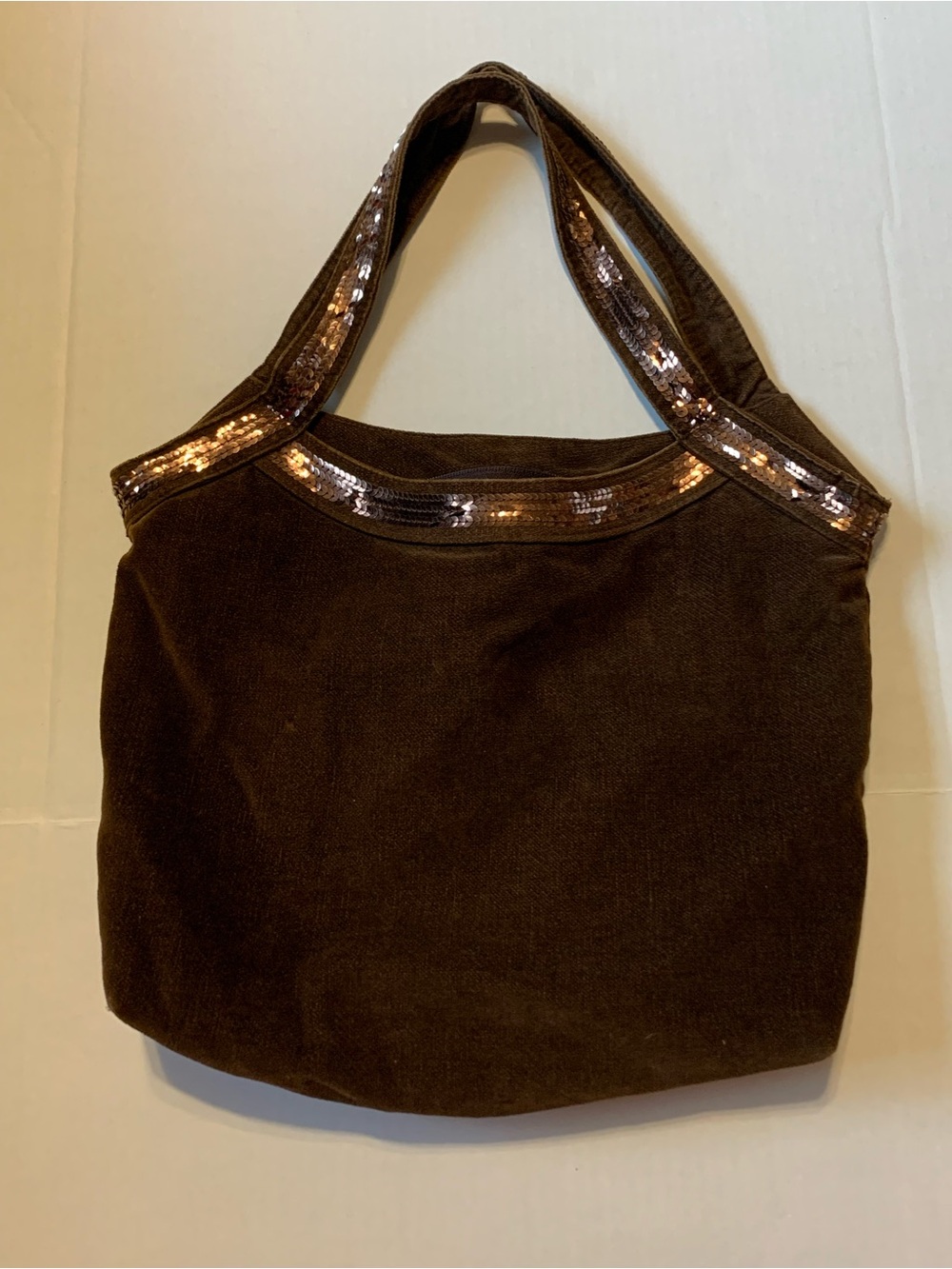Vintage Y2K Brown Velour Sequin Trim Tote Shoulder Bag Handbag Zipper Closure